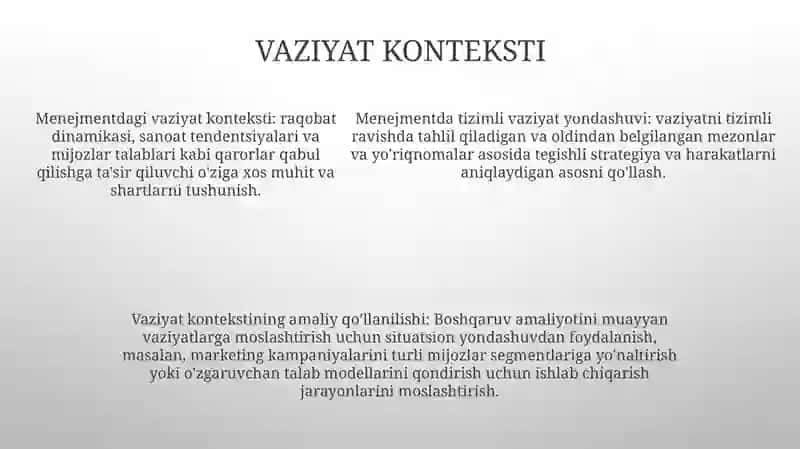 Menejmentda Tizimli Vaziyatli Yondashuv. Amaliy Ishlanma 4