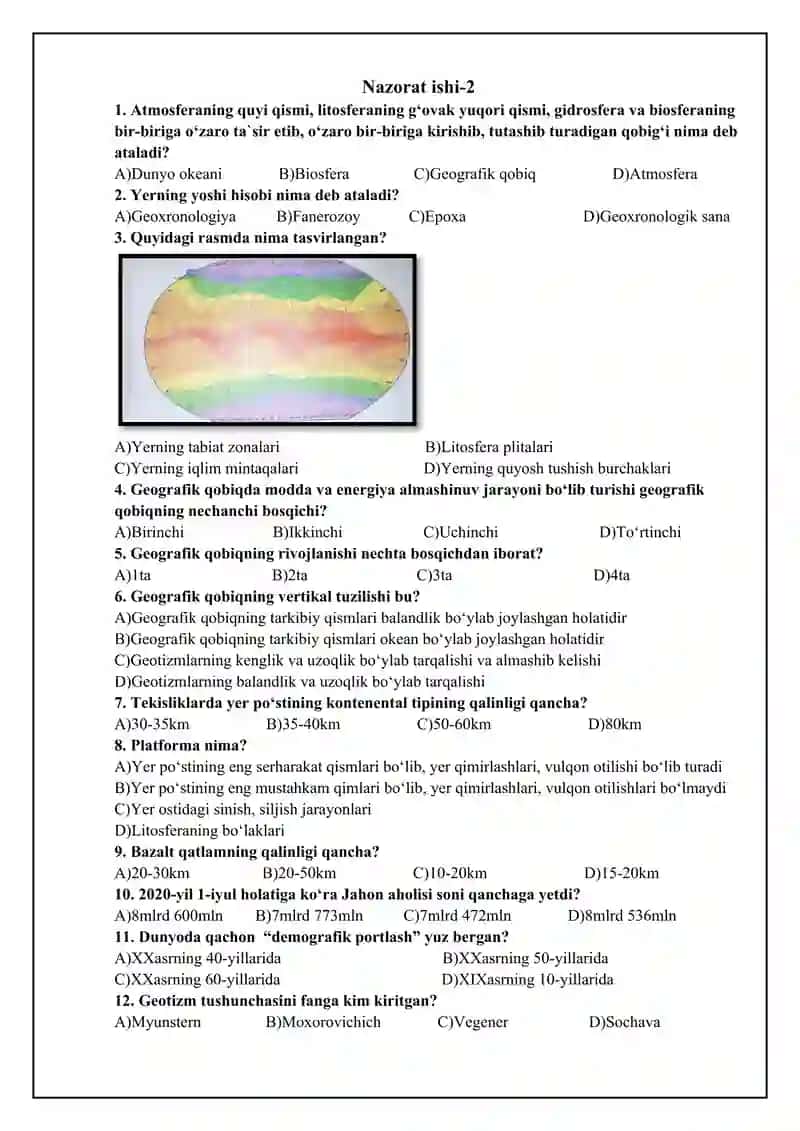 7-SINF. Nazorat ishi to`plami. 1-variant. Test 4