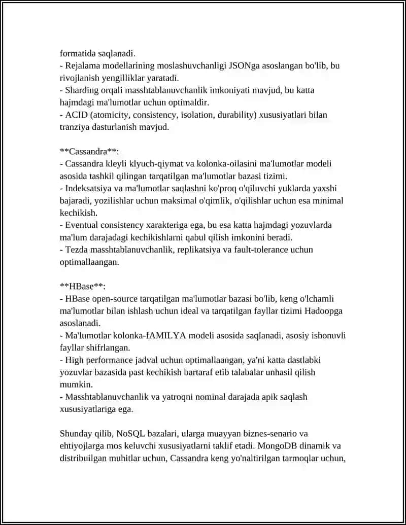 KATTA HAJMDAGI MA'LUMOTLARNI SAQLASH TEXNOLOGIYALARI:NOSQL (MONGODB,CASSANDRA,HBASE) 4