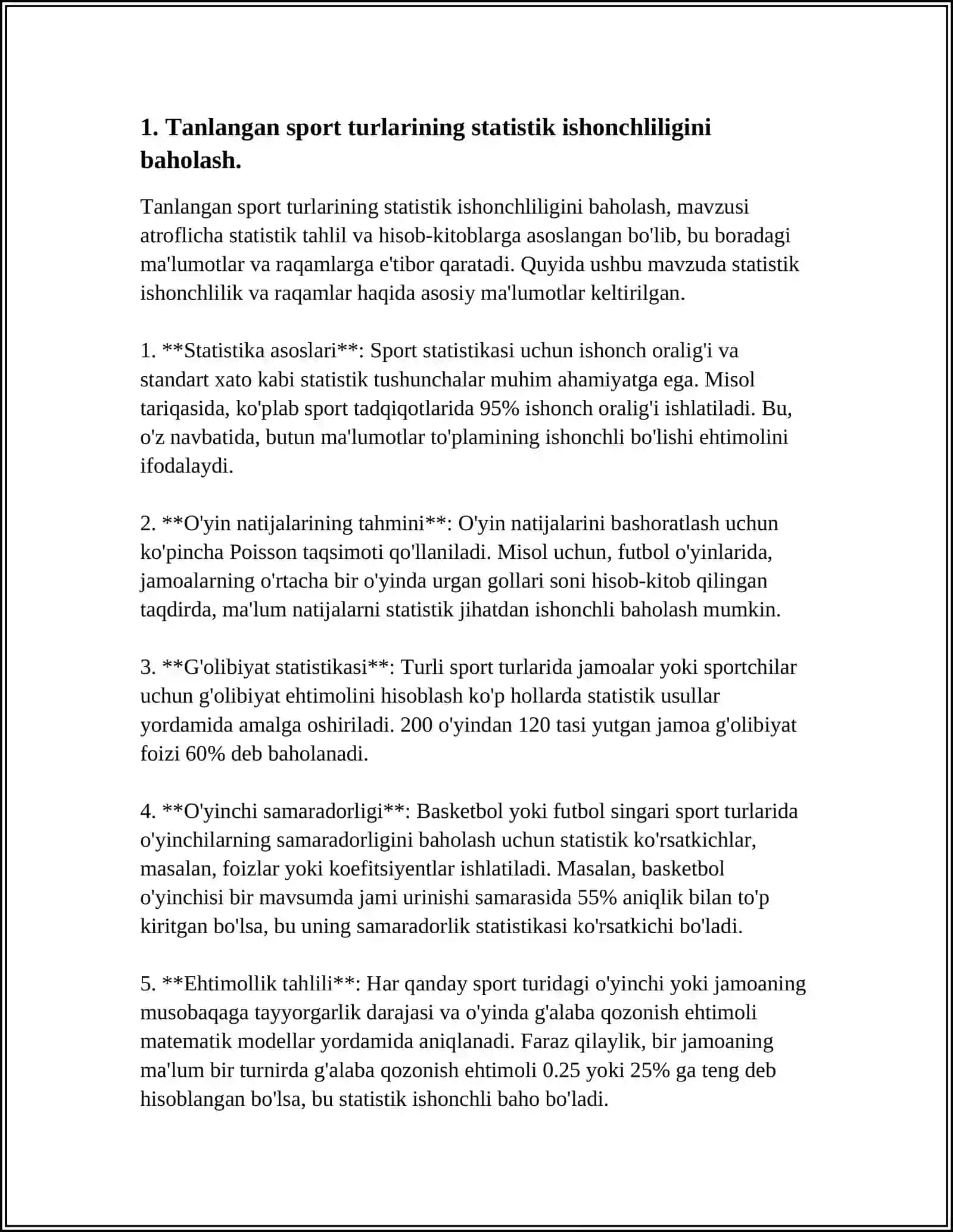 TANLANGAN SPORT TURIDA OLINGAN PEDAGOGIK TAJRIBA MAʼLUMOTLARINING STATISTIK ISHONCHLILIGINI TEKSHIRISH 4
