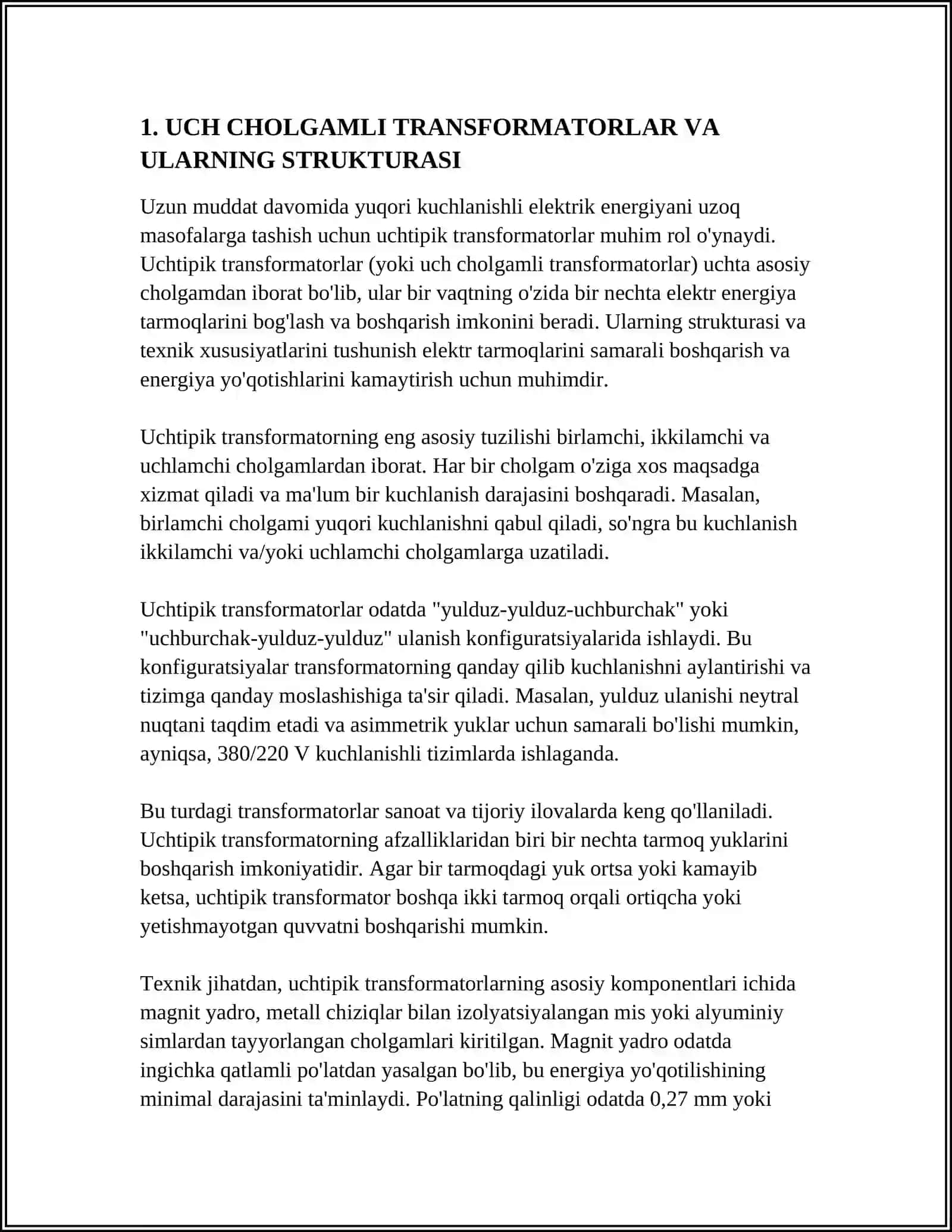 UCH CHOLGAMLI TRANSFORMATORLAR AVTOTRANSFORMATORLAR IKKI CHOLGAMLI TRANSFORMATORLARNING NOSIMMETRIK ISH REJIMLARI 4