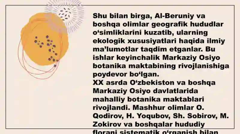 O'rta Osiyo olimlarining oʻsimliklar haqidagi fikrlari.Yuksak o'simliklarning taksonomik tarixi. 4