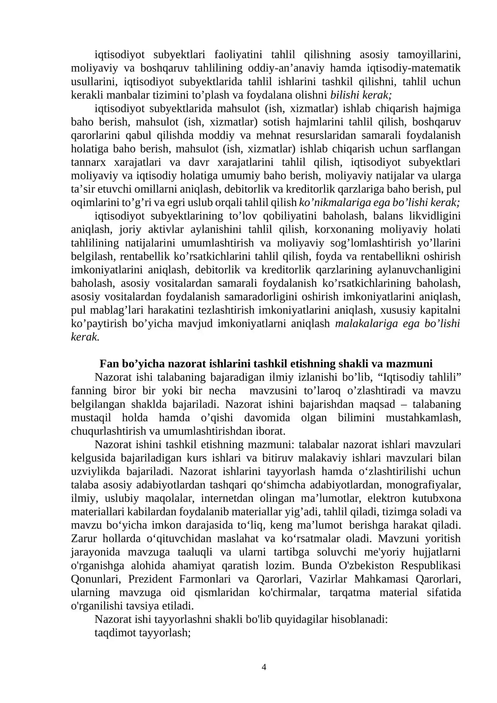 IQTISODIY TAHLIL FANIDAN NAZORAT ISHLARINI bajarish bo`yicha USLUBIY KO’RSATMA 4