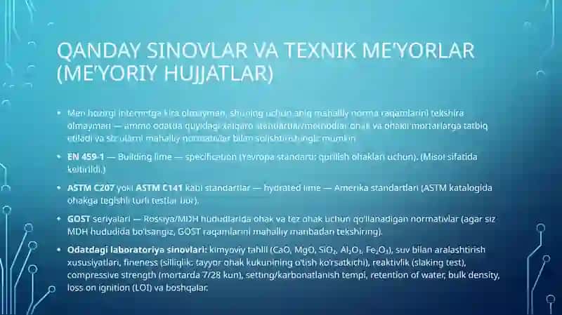 Havoda qotuvchi ohak, me'yoriy xujjatlari va xossalari. Organik bog'lovchi moddalar 4
