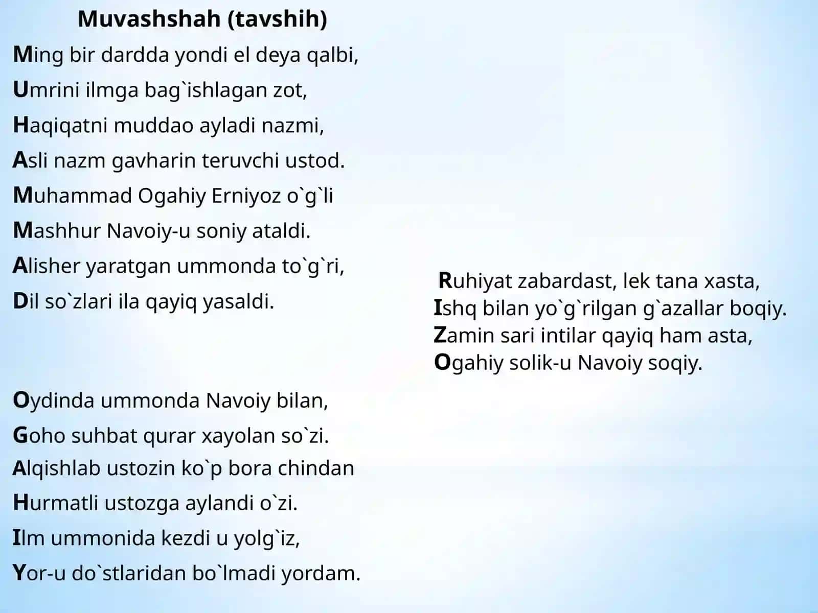9-sinf Adabiyot Ogahiy - Ustina Radifli g'azal tahlili dars taqdimot 4