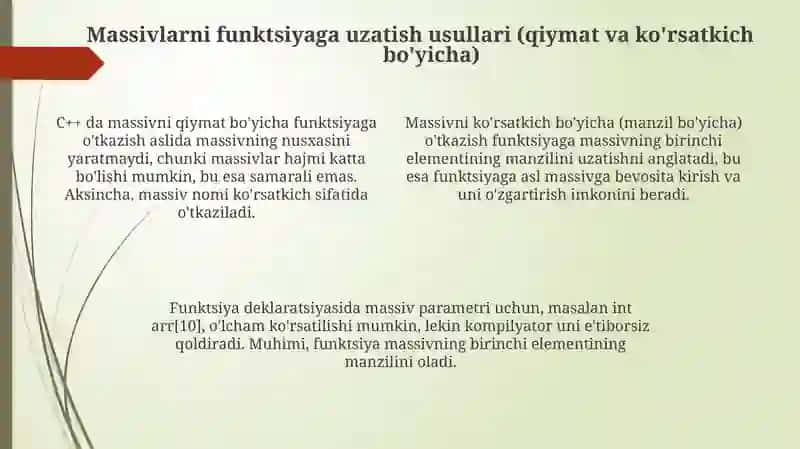 C++da Bir o‘lchovli massivlarni funktsiya parametrlari sifatida qo‘lllanilishi 4