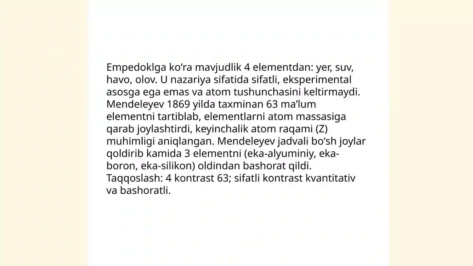 Yunon faylasuflarining atom va element toʻgʻrisidagi tushunchalarni hozirgi zamon maʼlumotlari bilan taqqoslash 4