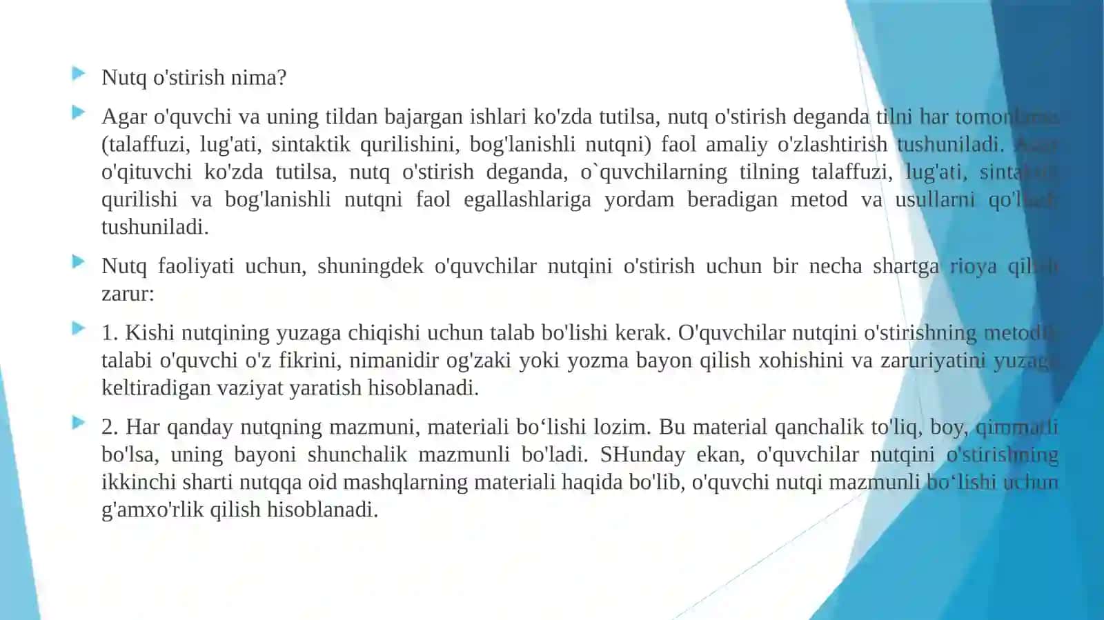 Kichik yoshdagi o‘quvchilar nutqi va ular nutqiga qo‘yiladigan talablar. Bog‘lanishli nutq. Nutqiy xatolarni bartaraf etish 4