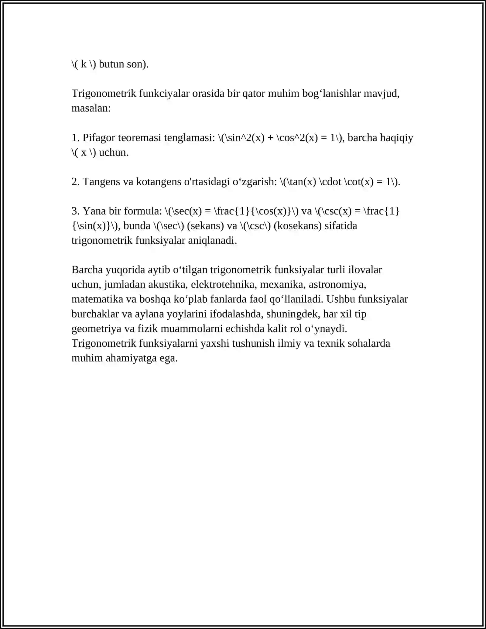 HAQIQIY ARGUMENTLI TRIGONOMETRK FUNKSIYALAR VA ULARNING XOSSALARI 4