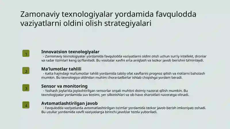 Toshqinlar, sel oqimlari, qor ko'chish va yer ko'chki hodisalari bilan bog'liq favqulotda vaziyatlarni oldini olish hamda ularning oqibatlarini tugatish borasidagi chora tadbirlar 4