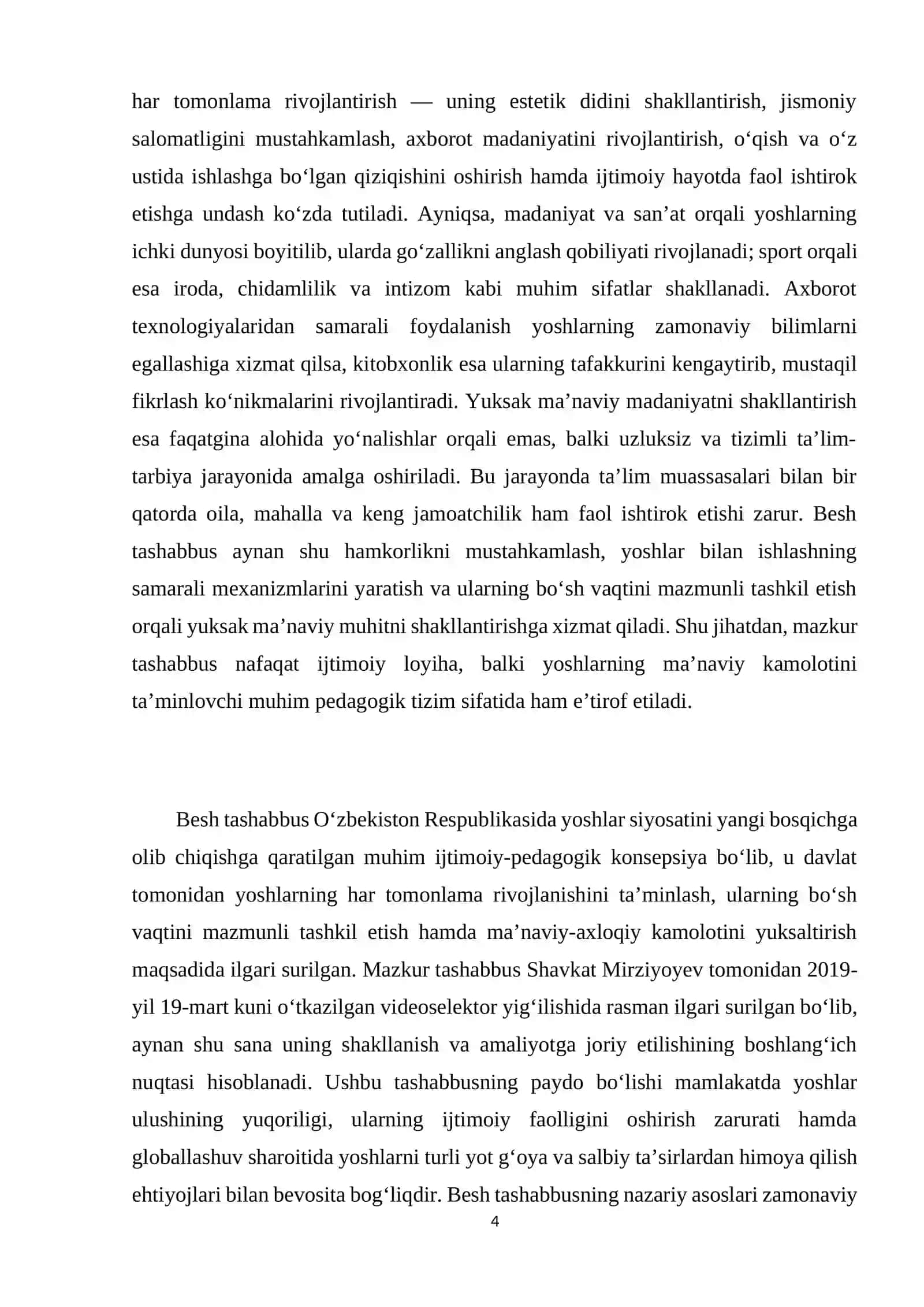 Besh tashabbus va uning yuksak ma’naviy madaniyatni ta’minlashdagi o’rni 4