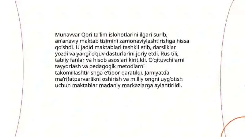 Jadid ma’rifatparvarlarining o‘lka ijtimoiy-ma’naviy hayotida tutgan o‘rni (Munavvar Qori, Fitrat, Behbudiy, Avloniy va boshq.). 4