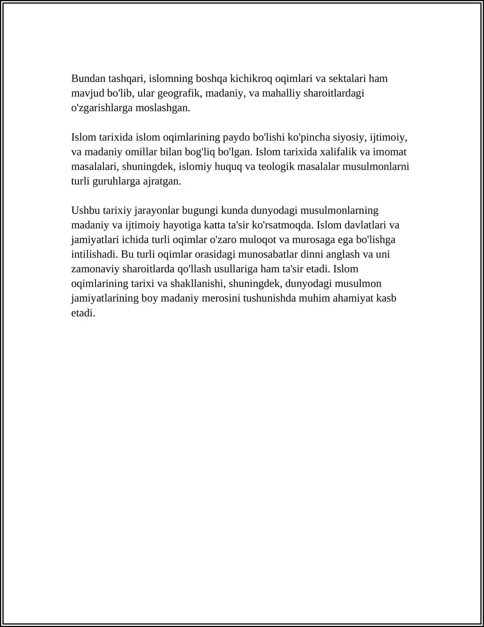 MUSTAQIL ISH Mavzu: ISLOM OQIMLARI VA YO‘NALISHLARINING PAYDO BO’LISHI SABABLARI, EʼTIQODIDAGI BO‘LINISHLARNING SABABLARI VA OQIBATLARI 4