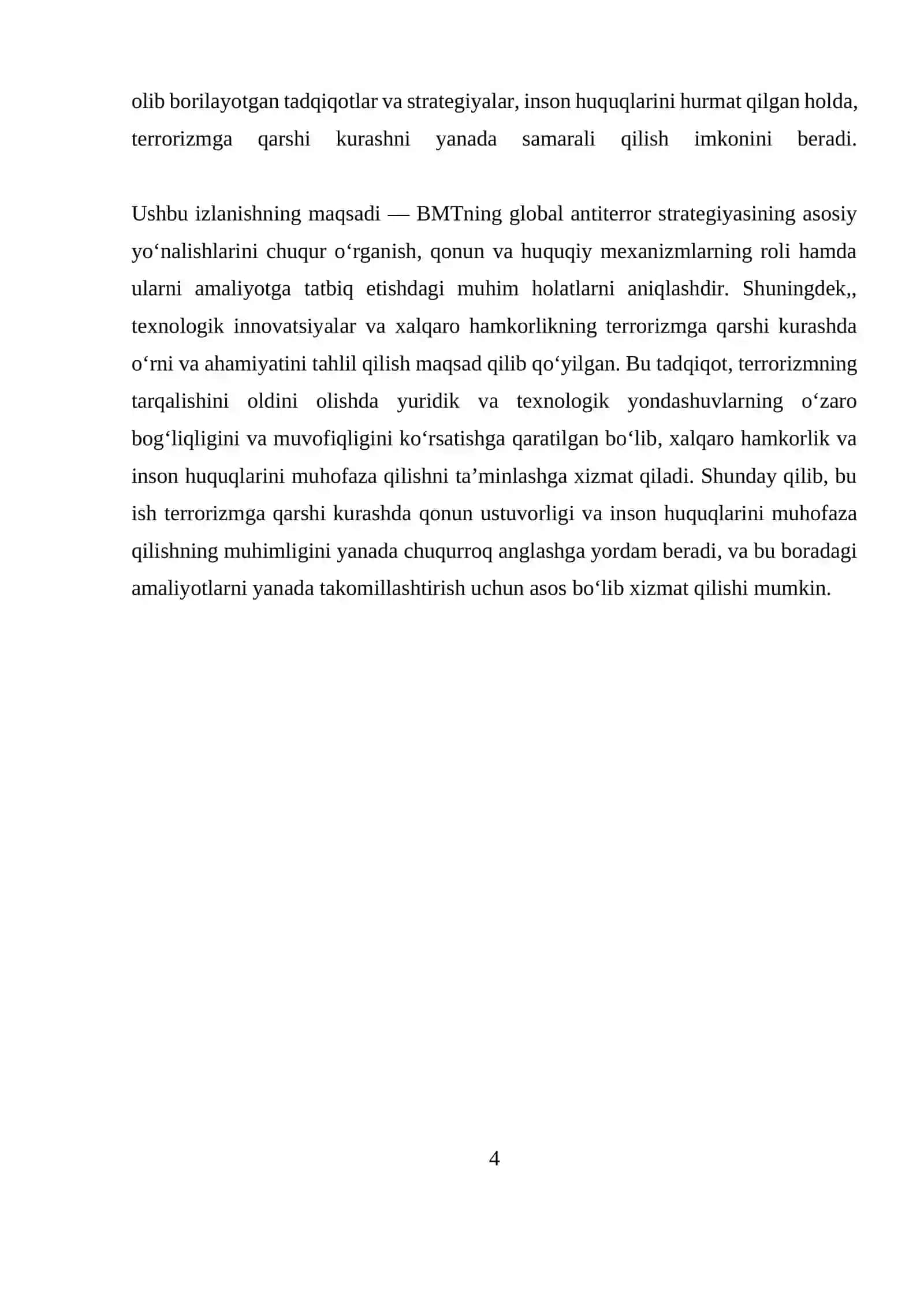 Birlashgan Millatlar Tashkilotining Global antiterror strategiyasining asosiy yo'nalishlari: Terrorizmning tarqalishiga qarshi qaratilgan chora tadbirlar xuquqlari va qonun ustuvorligiga umumiy xurmatni ta'minlash 4