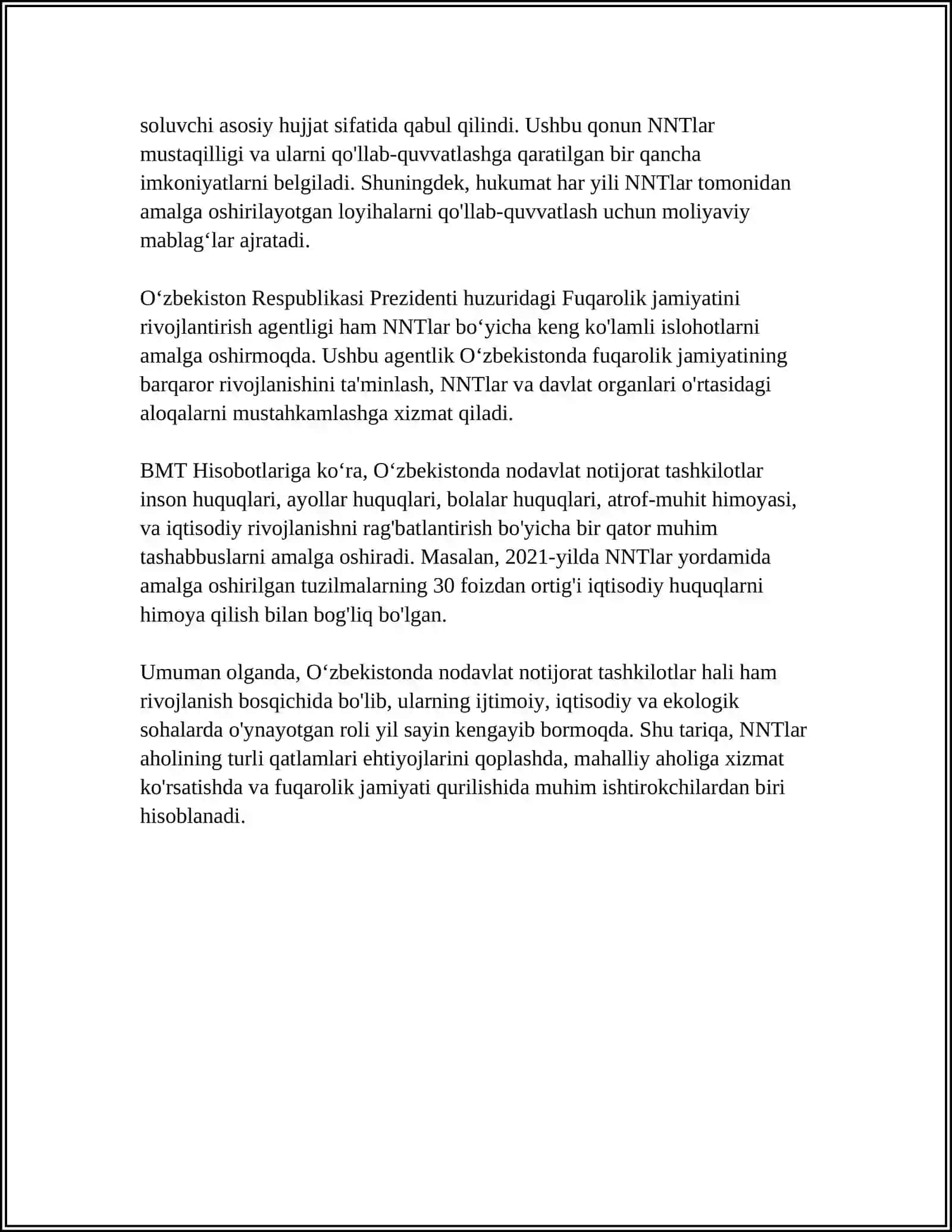Oʻzbekistonda Nodavlat-Notijorat Tashkilotlar va Ularning Siyosiy Ijtimoiy Hamda Iqtisodiy Jarayonlardagi Ishtiroki 4