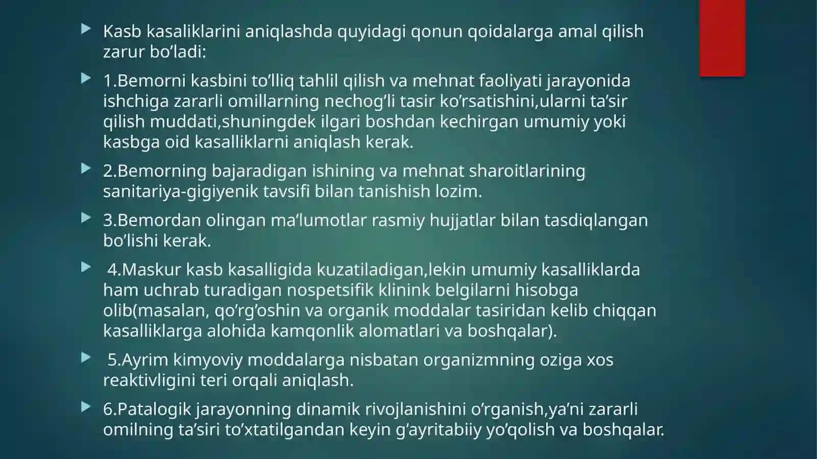 Kasbiy kasalliklarni va ishlab chiqarishdagi jarohatlari tekshirish 4