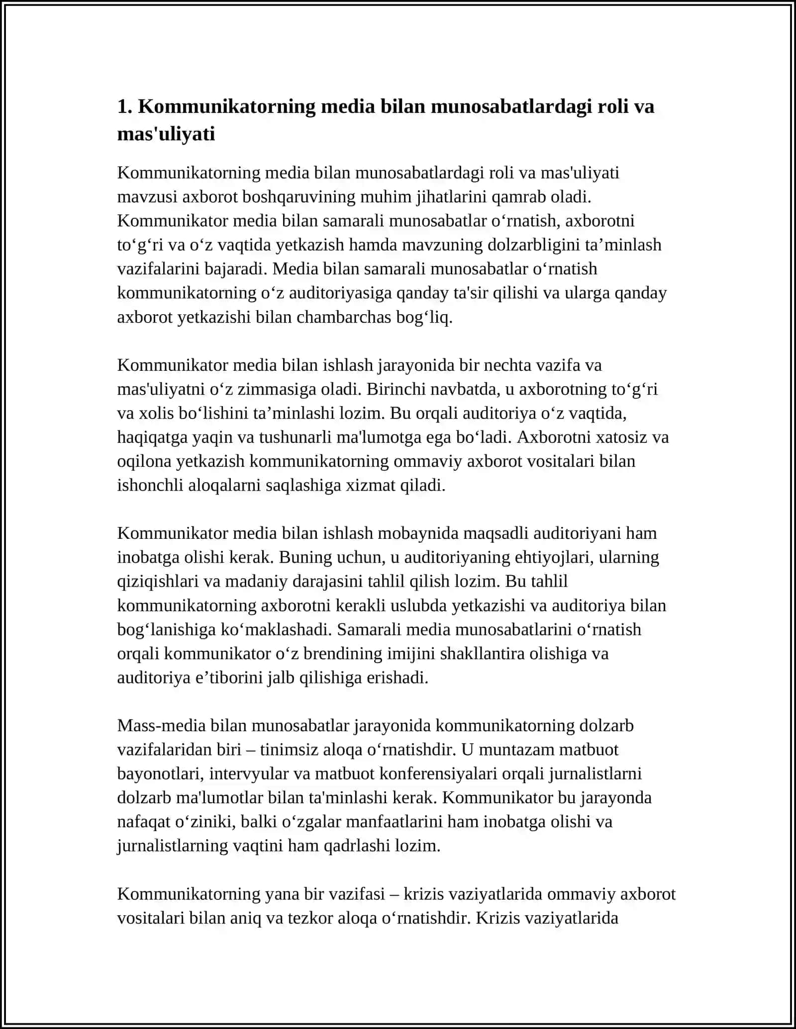 KOMMUNIKATOR, AUDITORIYA VA MEDIA SAMARADORLIGI. MEDIA RELATIONS AXBORIY BOSHQARUV VOSITASI SIFATIDA 4