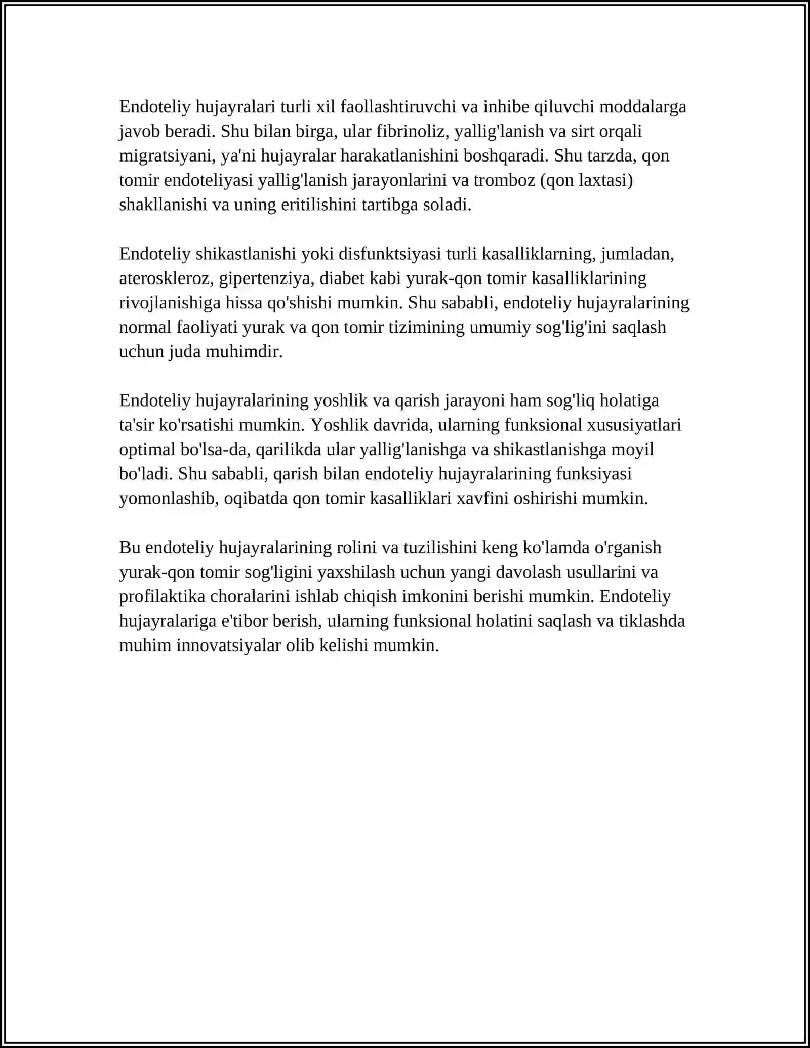 QON TOMIR ENDOTELIYASINING FUNKSIYASILARI. YURAK- QON TOMIRLAR TIZIMIDA REGENERATOR VA KOMPENSATOR JARAYONLAR 4