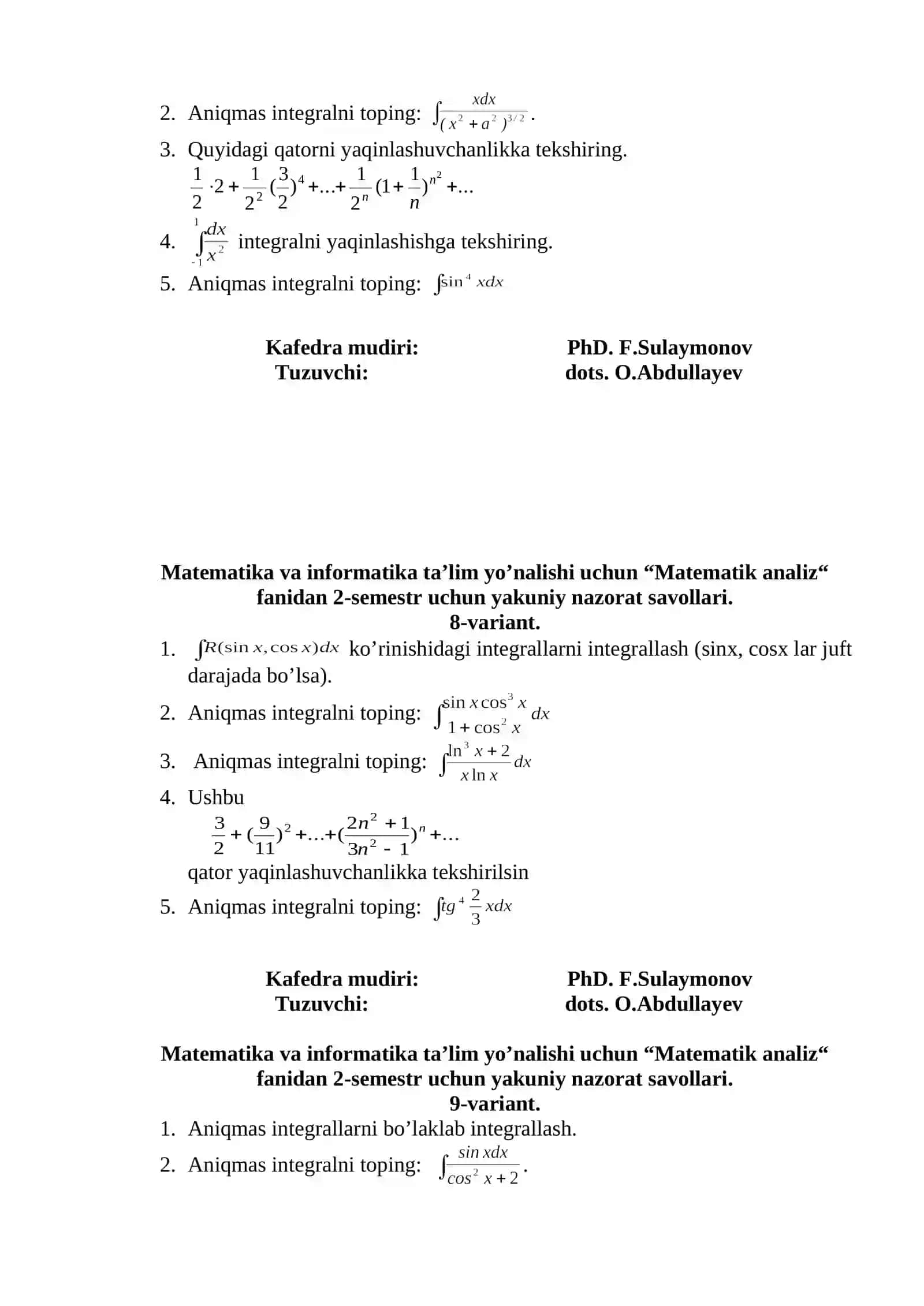 Matematik analiz fanidan 2-semestr uchun yakuniy nazorat savollari 4