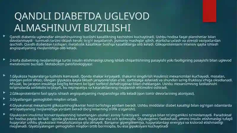 QANDLI DIABETDA KARBONSUVLAR,YOG’LAR VA OQSILLAR ALMASHINUVINING BUZILISHI 4