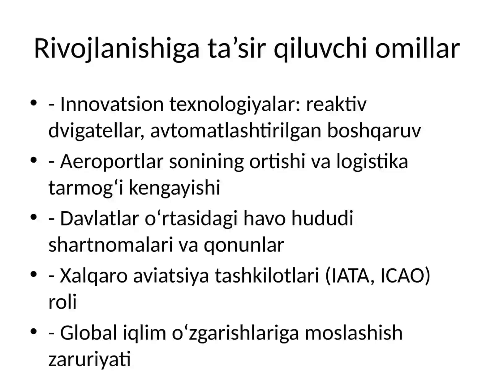 Havo transporti rivojlanishining o‘ziga xos jihatlari 4