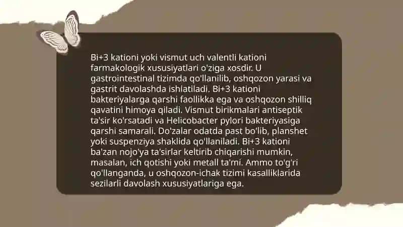 Bi+3 kationini tibbiyotda qo‘llanishi va dori vositalari tarkibida sifat hamda miqdorini aniqlash. 4