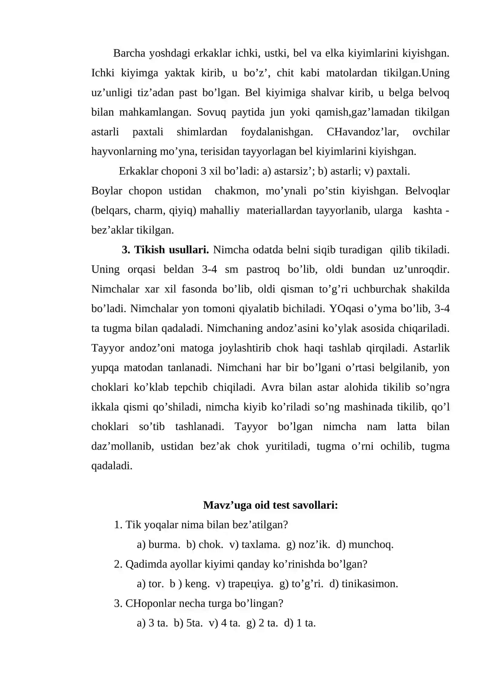 Milliy kiyimlar - chopon, yaktak, qiyiq va b. ularning tuz’ilishi va ulardаn foydalаnish. Tikish usullari 4