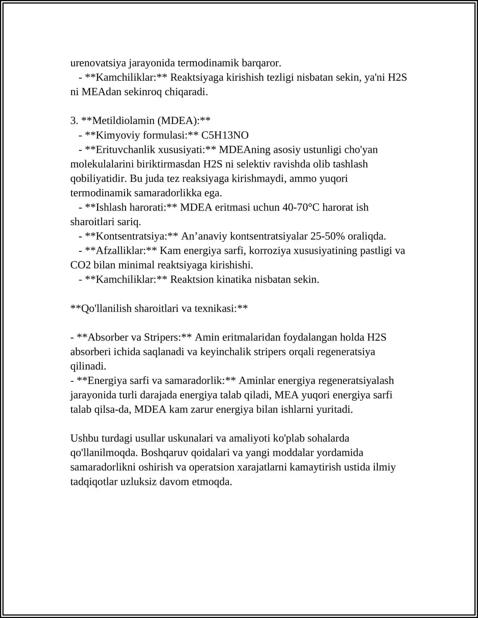 H2Sni olib tashlash: amin usullari (MEA/DEA/MDEA) 4