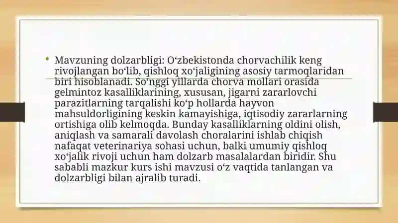 O‘zbekistondachorva mollari jigarida parazitlik qiluvchigelmintlarningbiologikxususiyatlari, qo‘zg‘atadigan kasalliklari va ularni oldini olish choralari 4