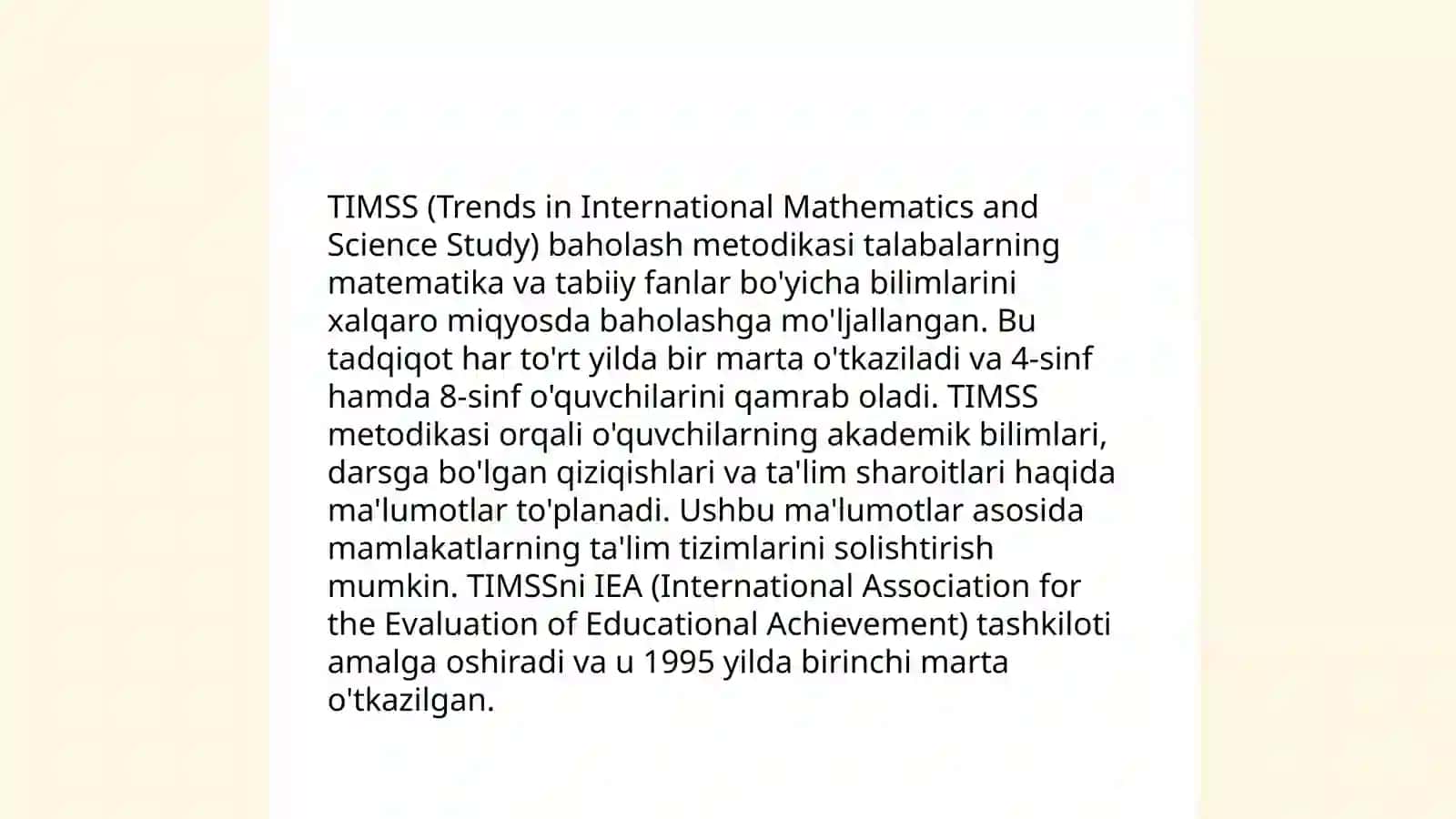 TIMSS dasturi (Trends in International Mathematics and Science Study) 4