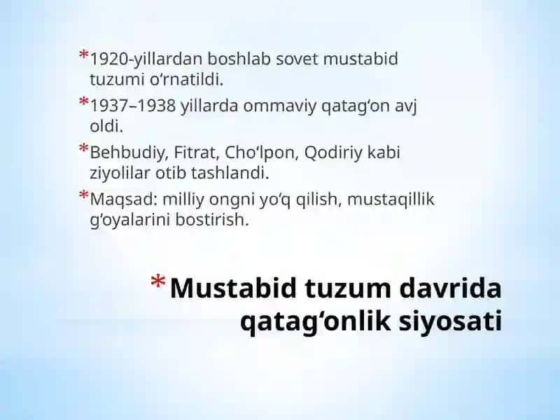 Jadidchilik, qatag‘onlik siyosati va 80–90-yillarda O‘zbekistondagi ahvol 4