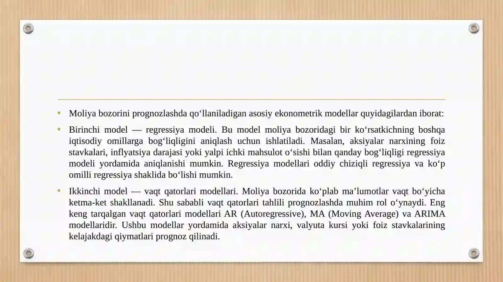 Moliya bozorini prognozlashda qo‘llaniladigan ekonometrik modellar. 4