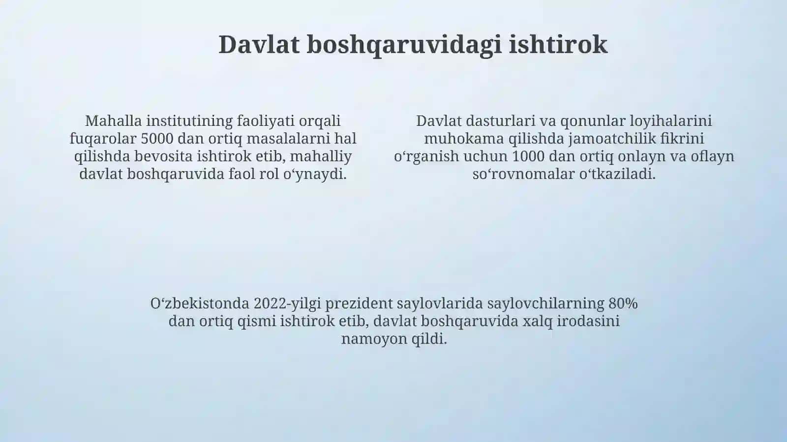 Oʼzbekiston xalqi. Xalqning jamiyat va davlat hayotidagi ishtiroki. Xalq nomidan ish olib borish 4