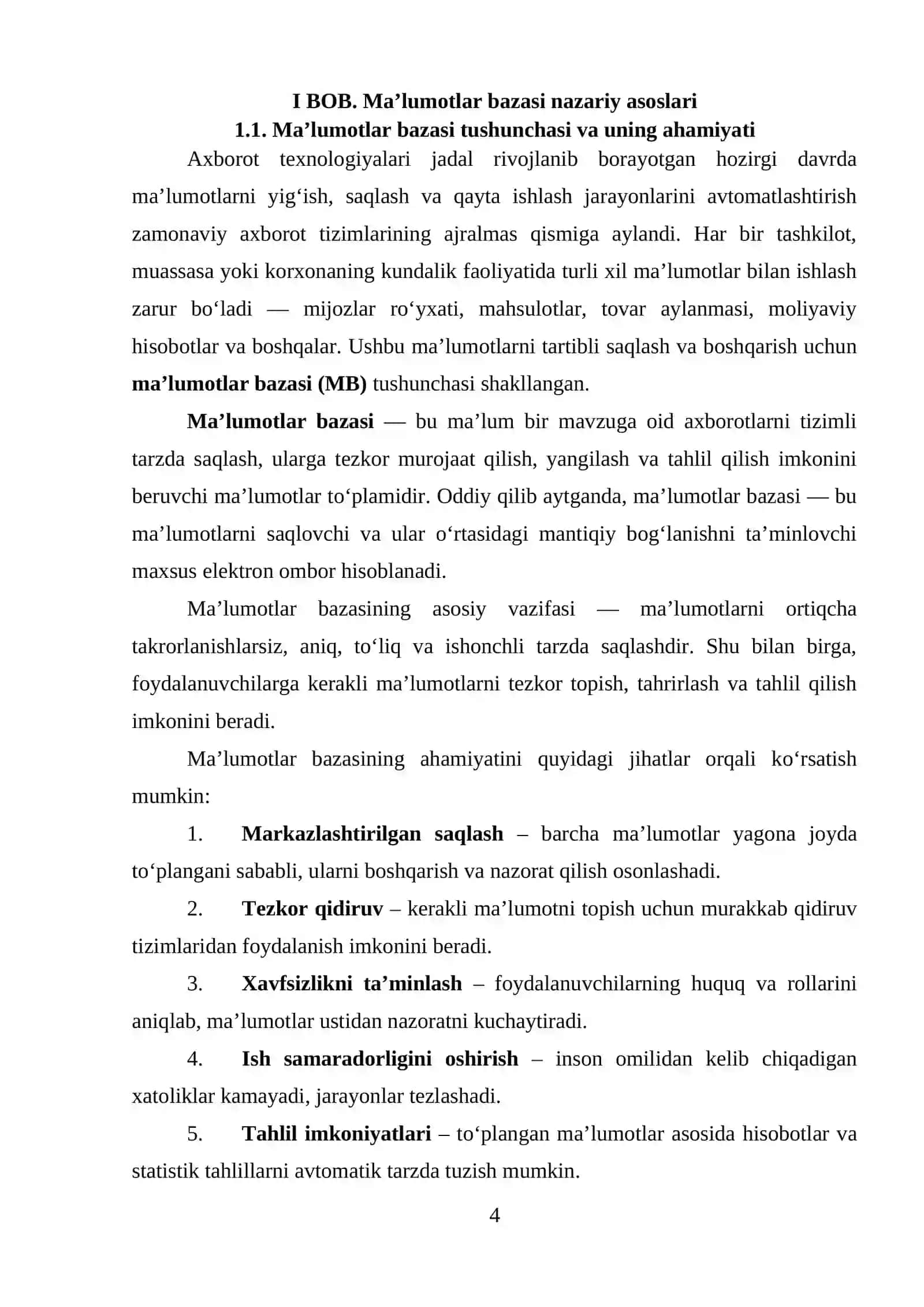 Ma’lumotlar bazasi nazariy asoslari va “Do‘konlar ma’lumotlar bazasi”ni ishlab chiqish va amaliy tahlil 4
