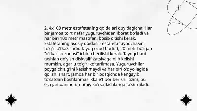 Estafita yugurish. 4×100 metrga yugurishni oʻrgatish 4