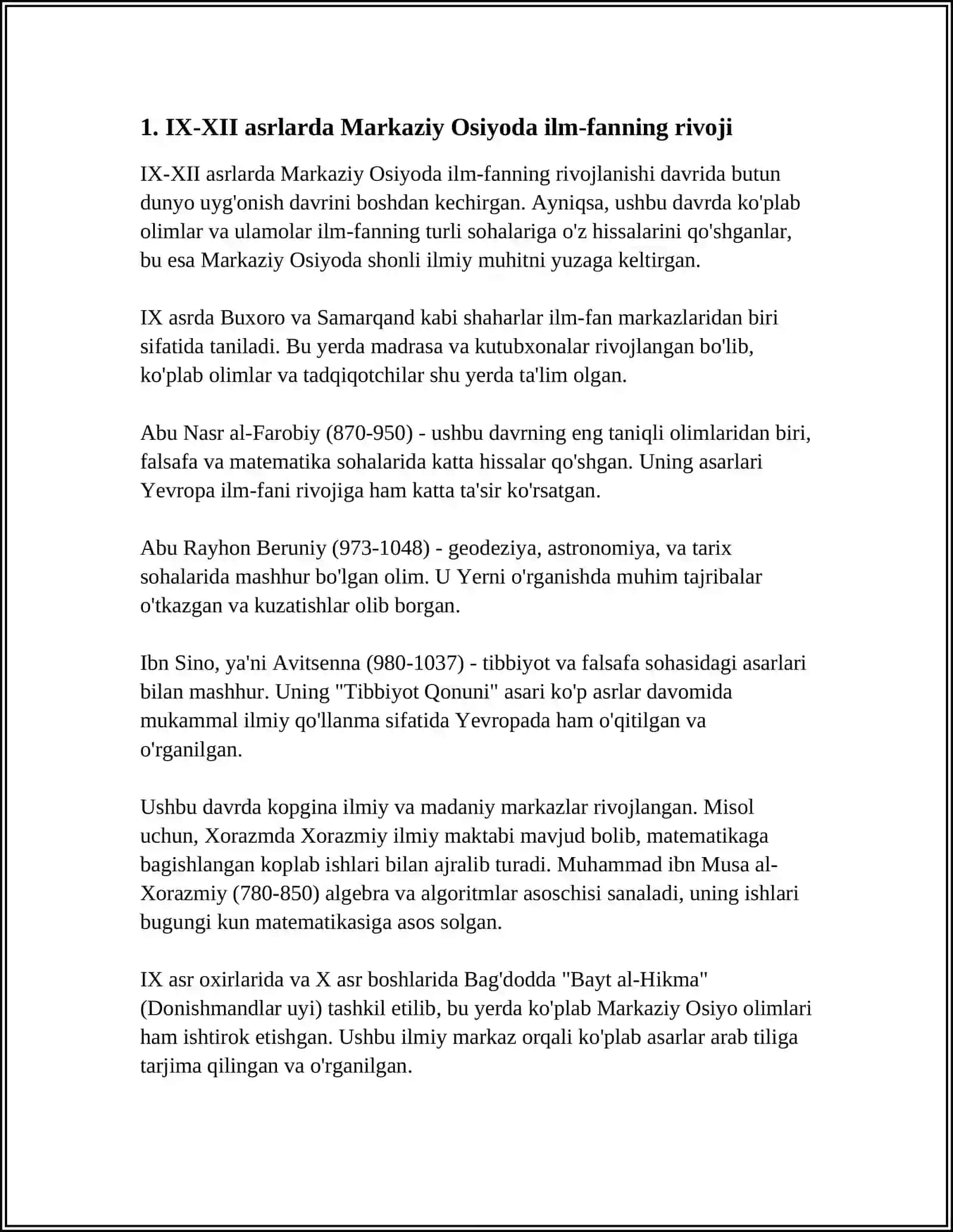 IX - XII ASRLARDA MAMLAKATIMIZ HUDUDIDA ROʻY BERGAN MADANIY UYGʻONISH(RENESSANS). BUYUK ALLOMALARNING JAHON SIVILIZATSIYASIGA QOʻSHGAN HISSASI 4