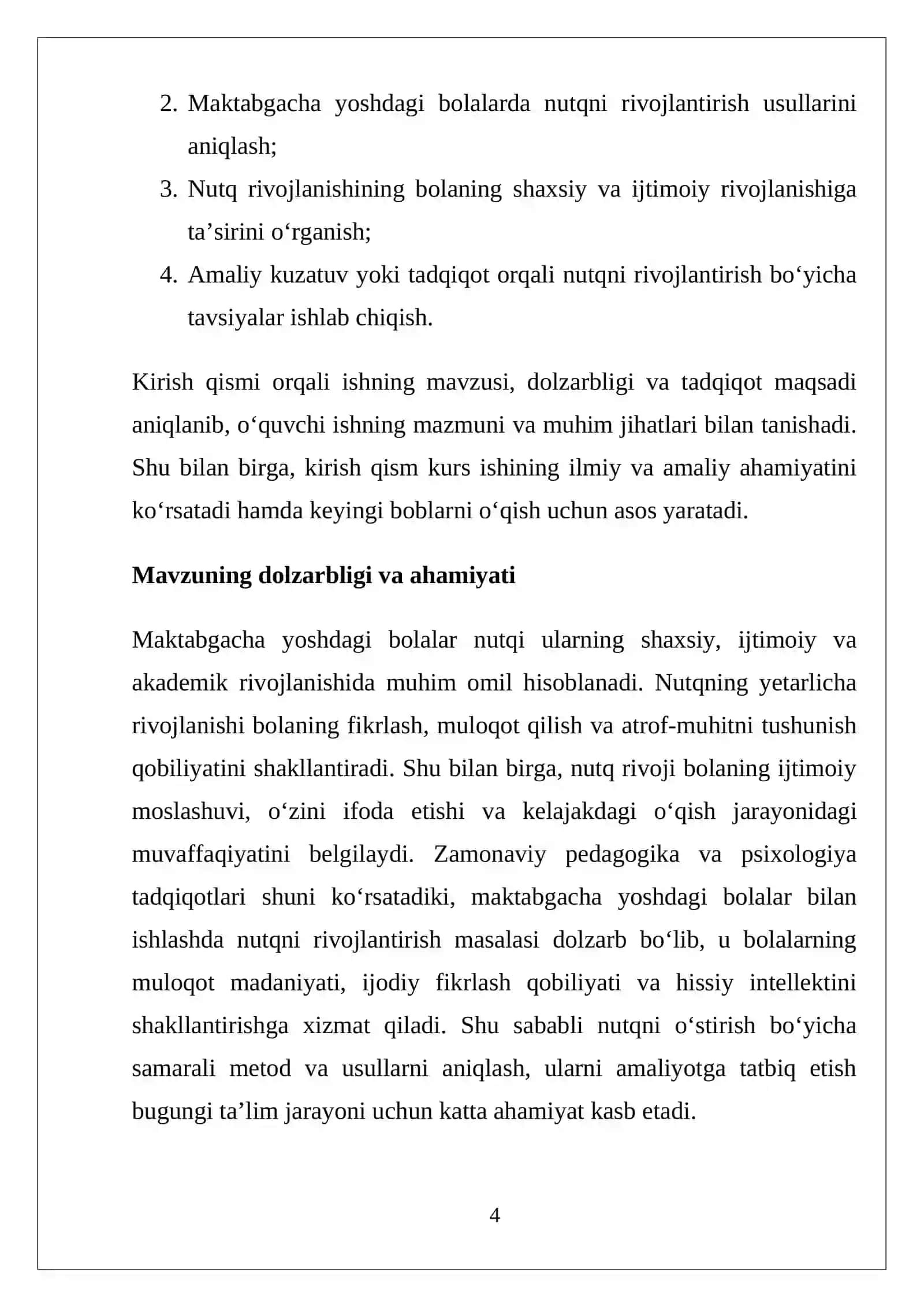 Maktabgacha yoshdagi bolalar nutqini o‘stirishning ahamiyati. Kurs ishi 4