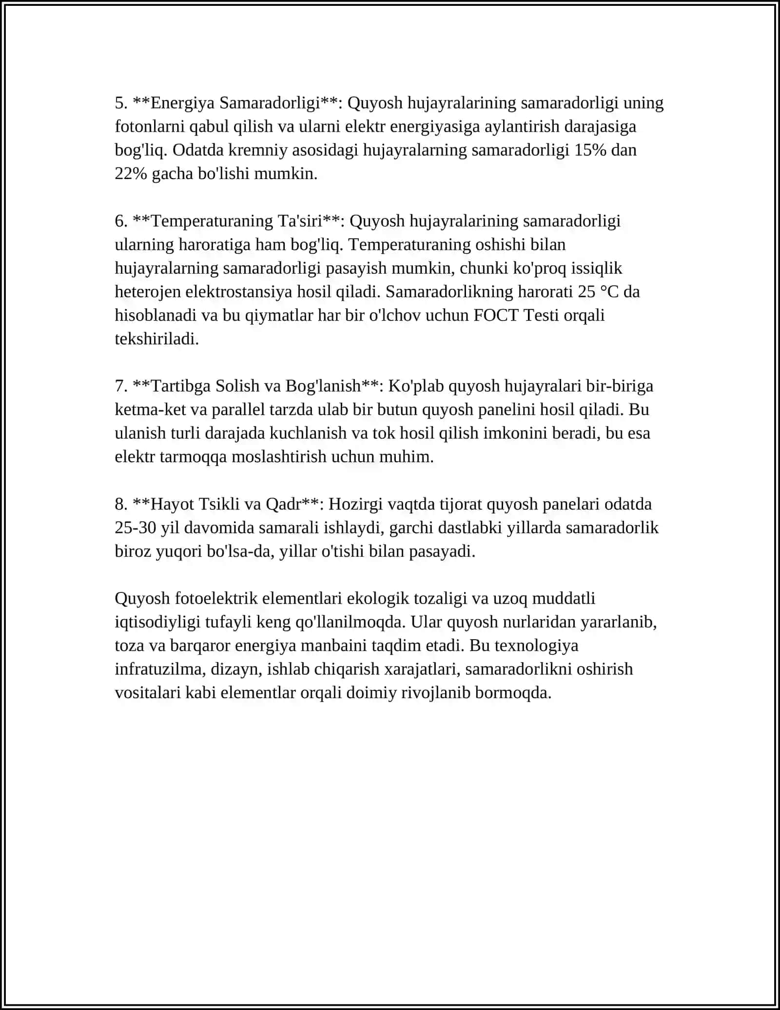 QUYOSH FOTOELEKTRIK ELEMENTLARI VA MODULLARI 4
