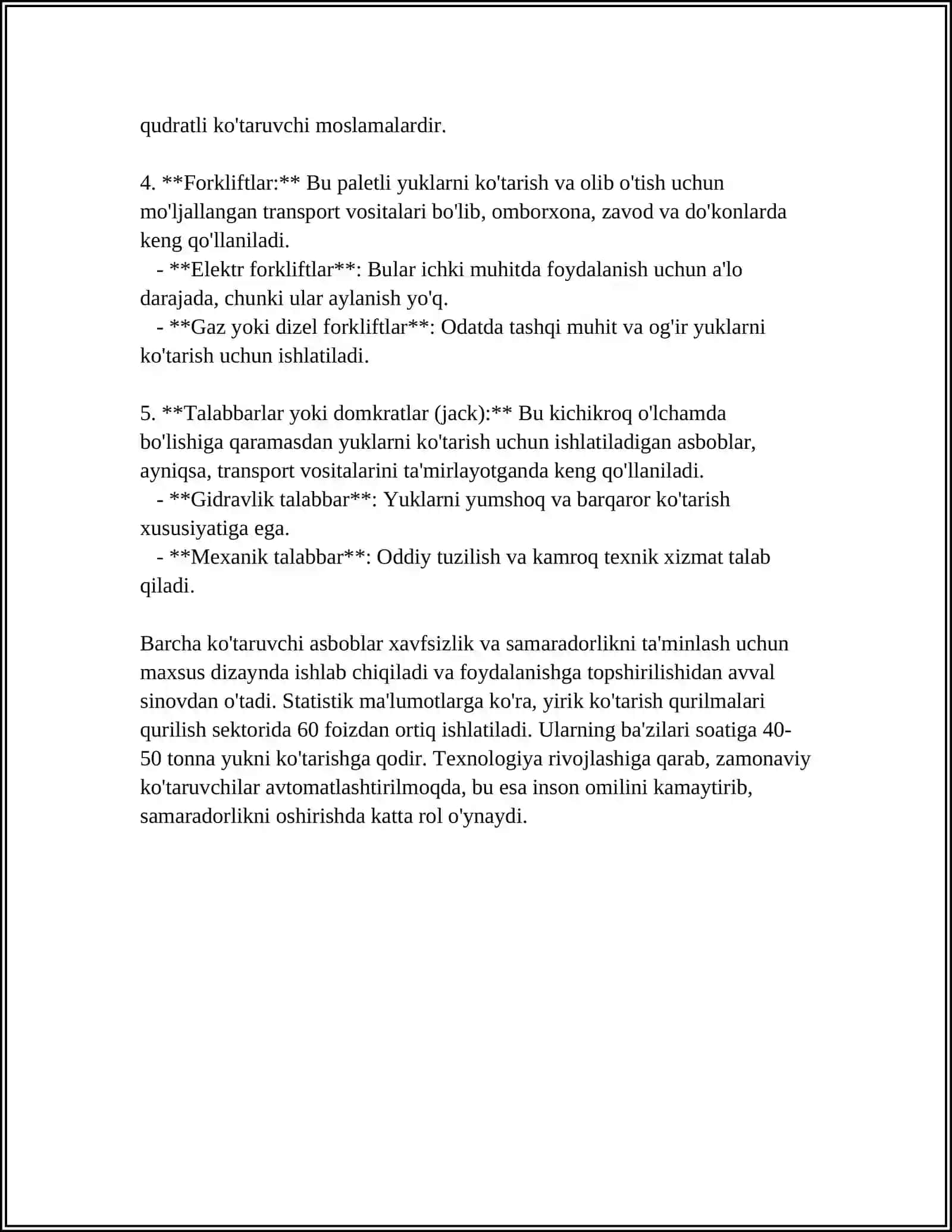 MUSTAQIL ISH Mavzu: KOTARUVCHI ASBOBLARNING TUZILISHI KOTARISHI QOYDASI VA TARTIBI 4