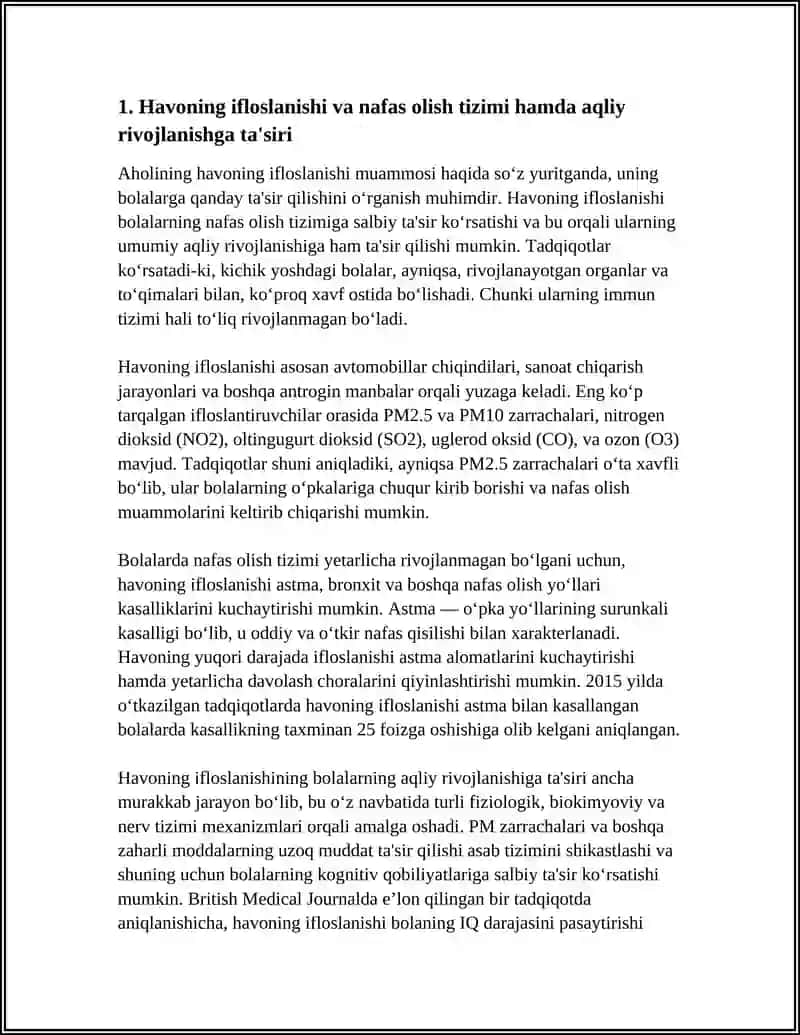 Havoning ifloslanishi va nafas olish tizimi hamda aqliy rivojlanishga ta'siri 4