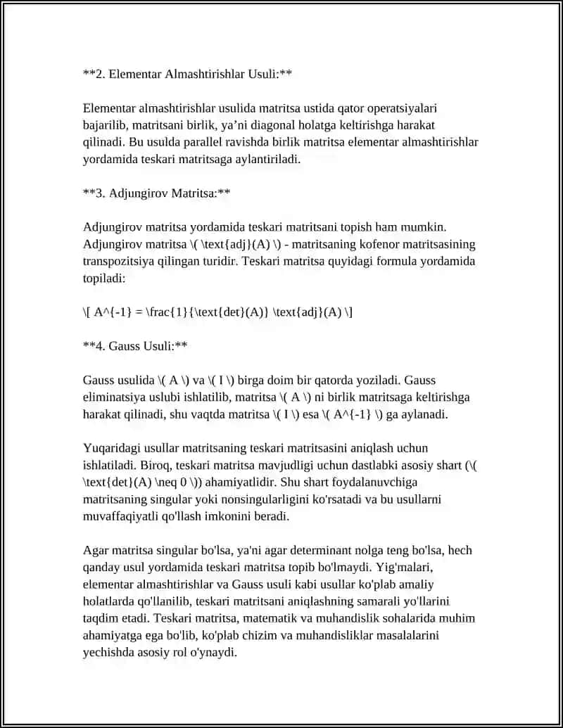 TESKARI MATRITSA VA UNI TOPISH USULLARI (ALGEBRAIK QOʻSHMALAR, ELEMENTAR ALMASHTIRISHLAR, ADJUNGIROV MATRITSA, GAUSS USULI) 4