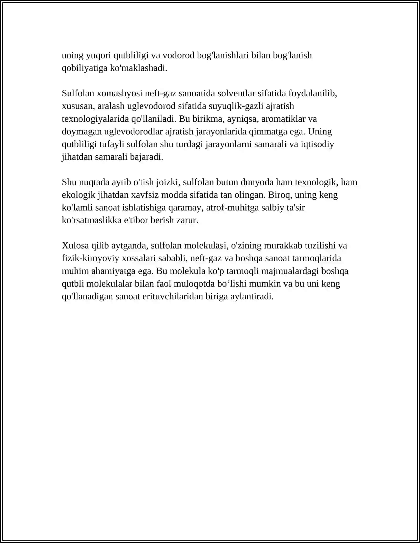 SULFOLAN VA UNING BIRIKMALARINING MOLEKULA TUZILISHI, OLINISHI, XOSSALARI VA ISHLATILISHI 4