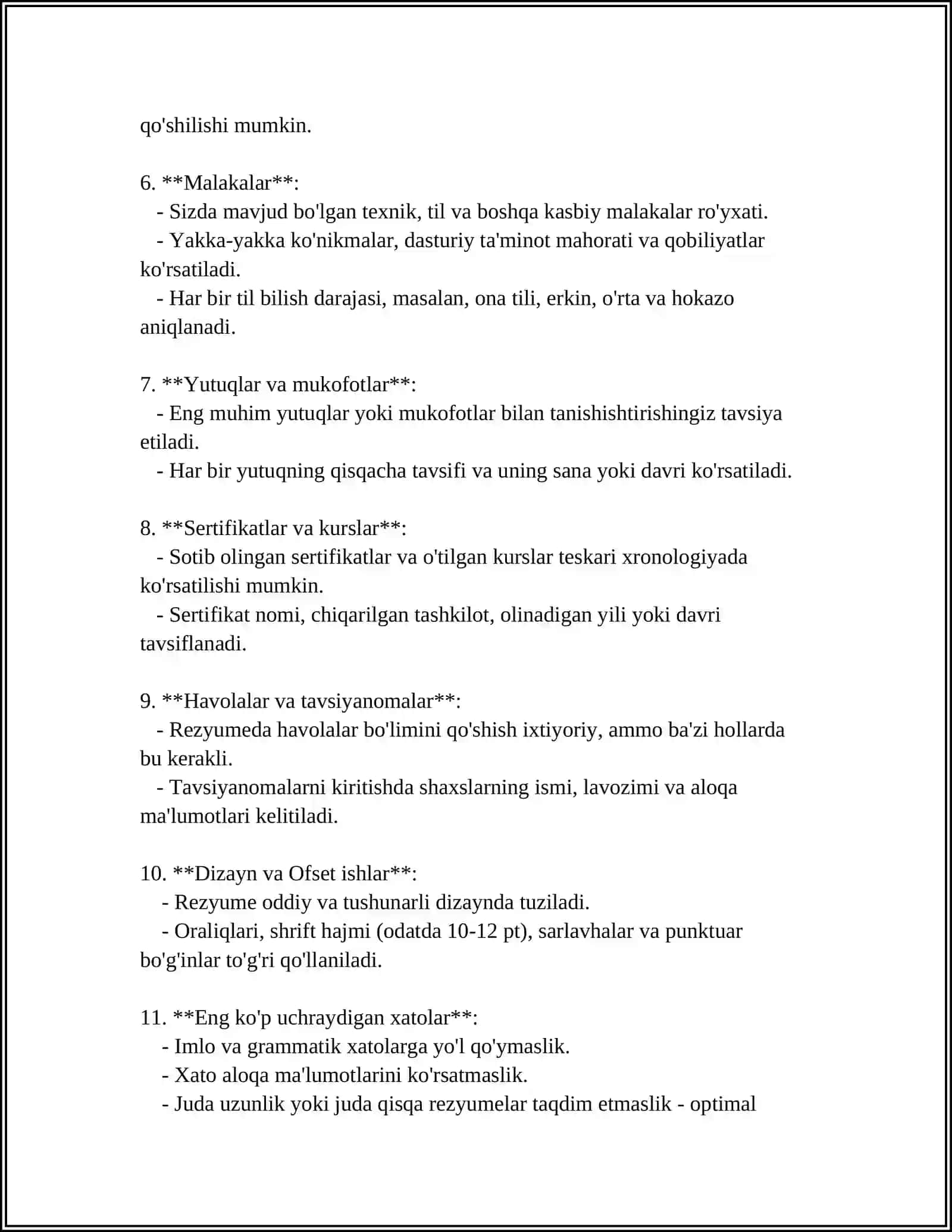 REZYUME, CV, MA'LUMOTNOMA HUJJATLARI 4