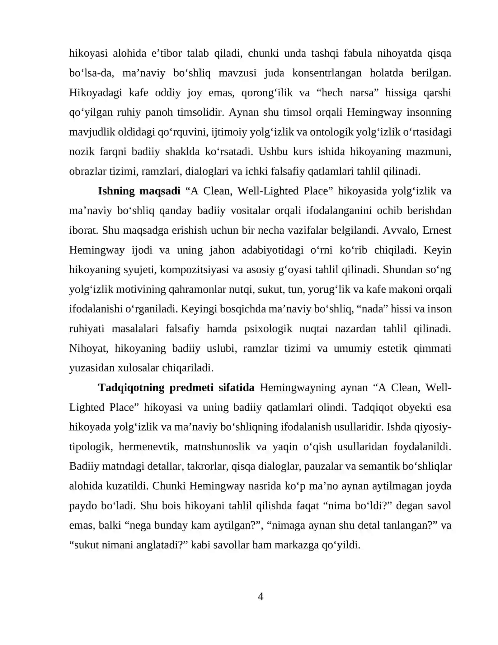 ERNEST HEMINGWAYNING “A CLEAN, WELL-LIGHTED PLACE” HIKOYASIDA YOLG‘IZLIK VA MA’NAVIY BO‘SHLIQ 4
