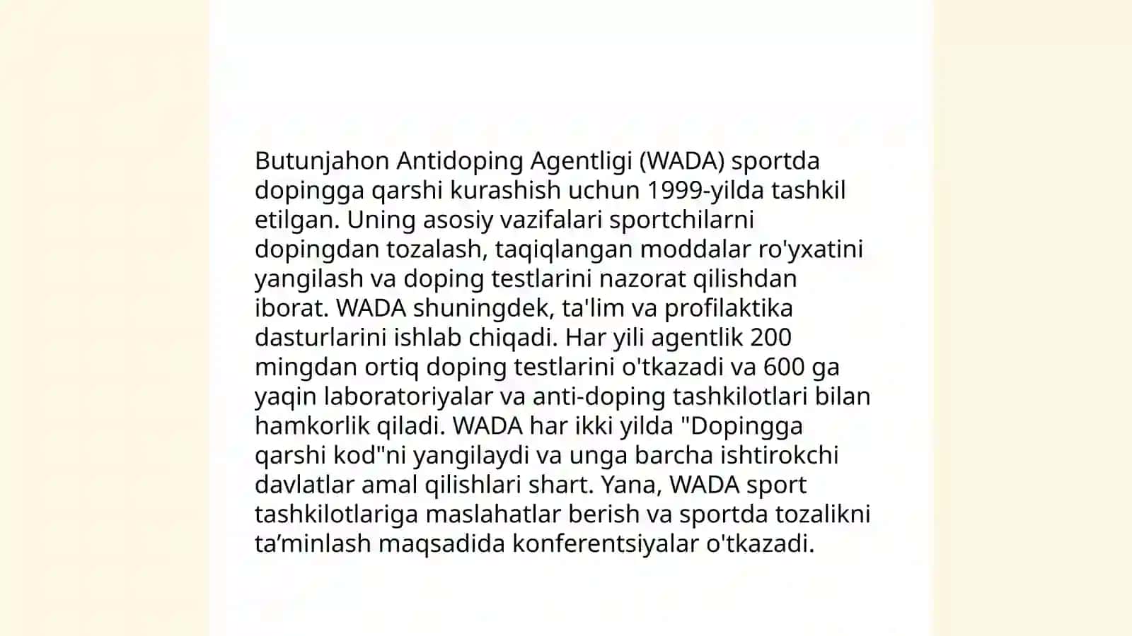 Butunjahon antidoping agentligi va uning foliyati 4