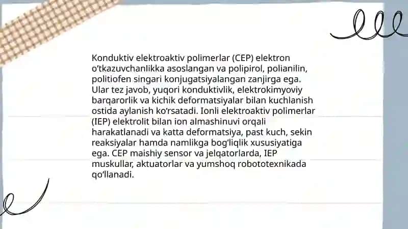 Elektroaktiv polimer matritsalar - xususiyatlari, xossalari va qo'llanish sohasi 4