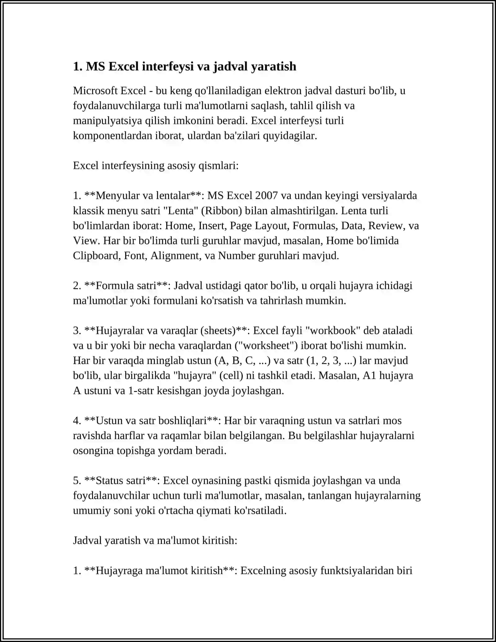 JADVALLAR MSEXCEL. FORMULALAR VA FUNKSIYALAR BILAN ISHLASH 4