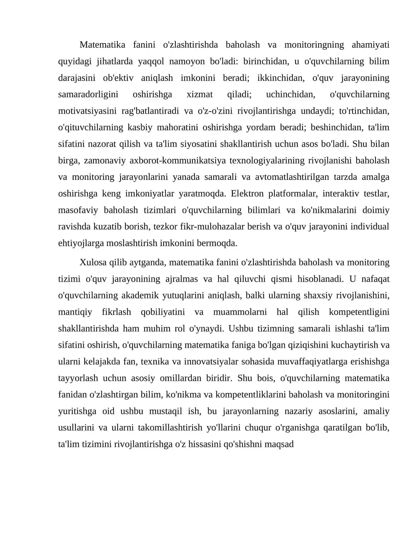 Oʻquvchilarning matematika fanidan oʻzlashtirgan bilim, koʻnikma va kompetensiyalarini baholash va monitoringini yuritish 4