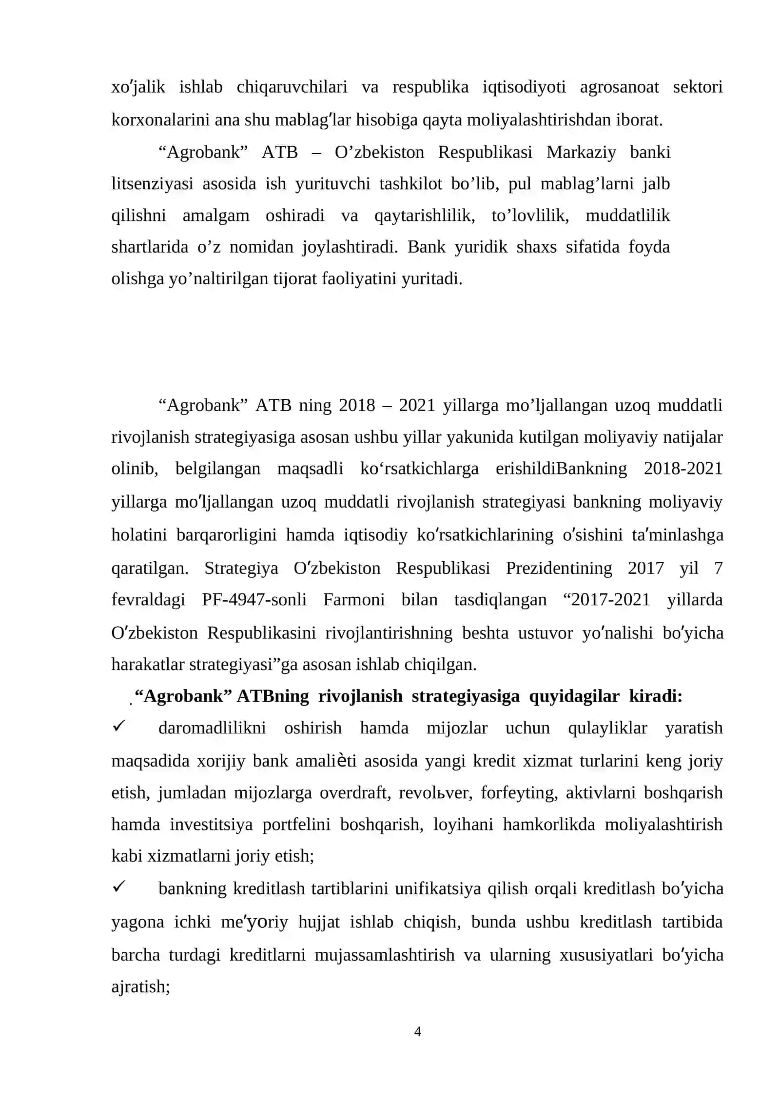 «Agrobank» ATB faoliyatining umumiy tavsifi 4