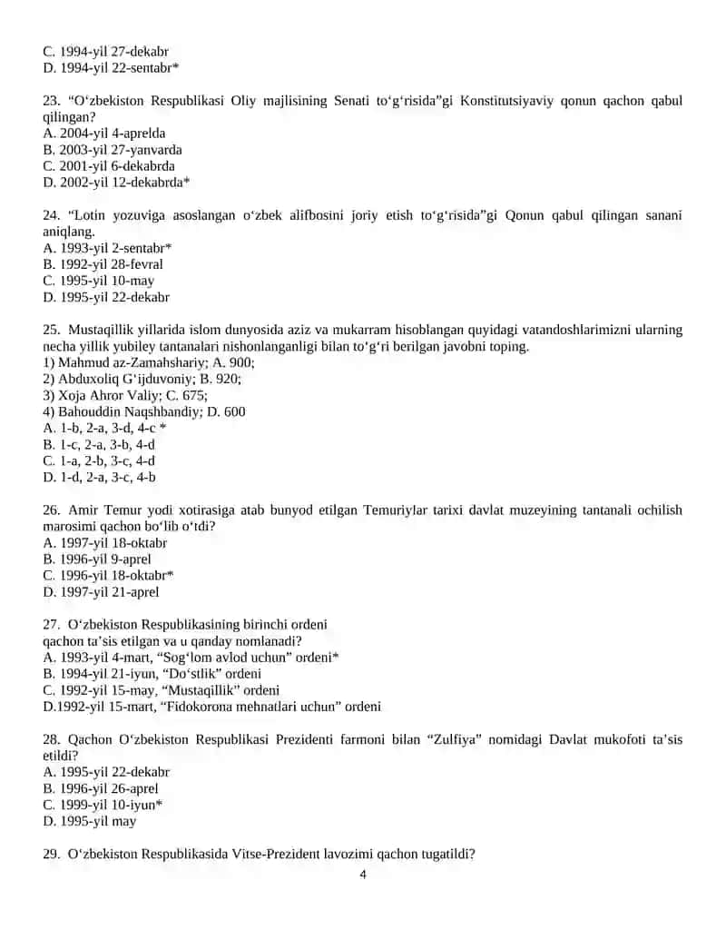 O’ZBEKISTON TARIXI FANIDAN TEST SAVOLLARI 4